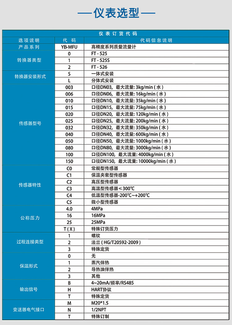 原油質(zhì)量流量計(jì)選項(xiàng)表